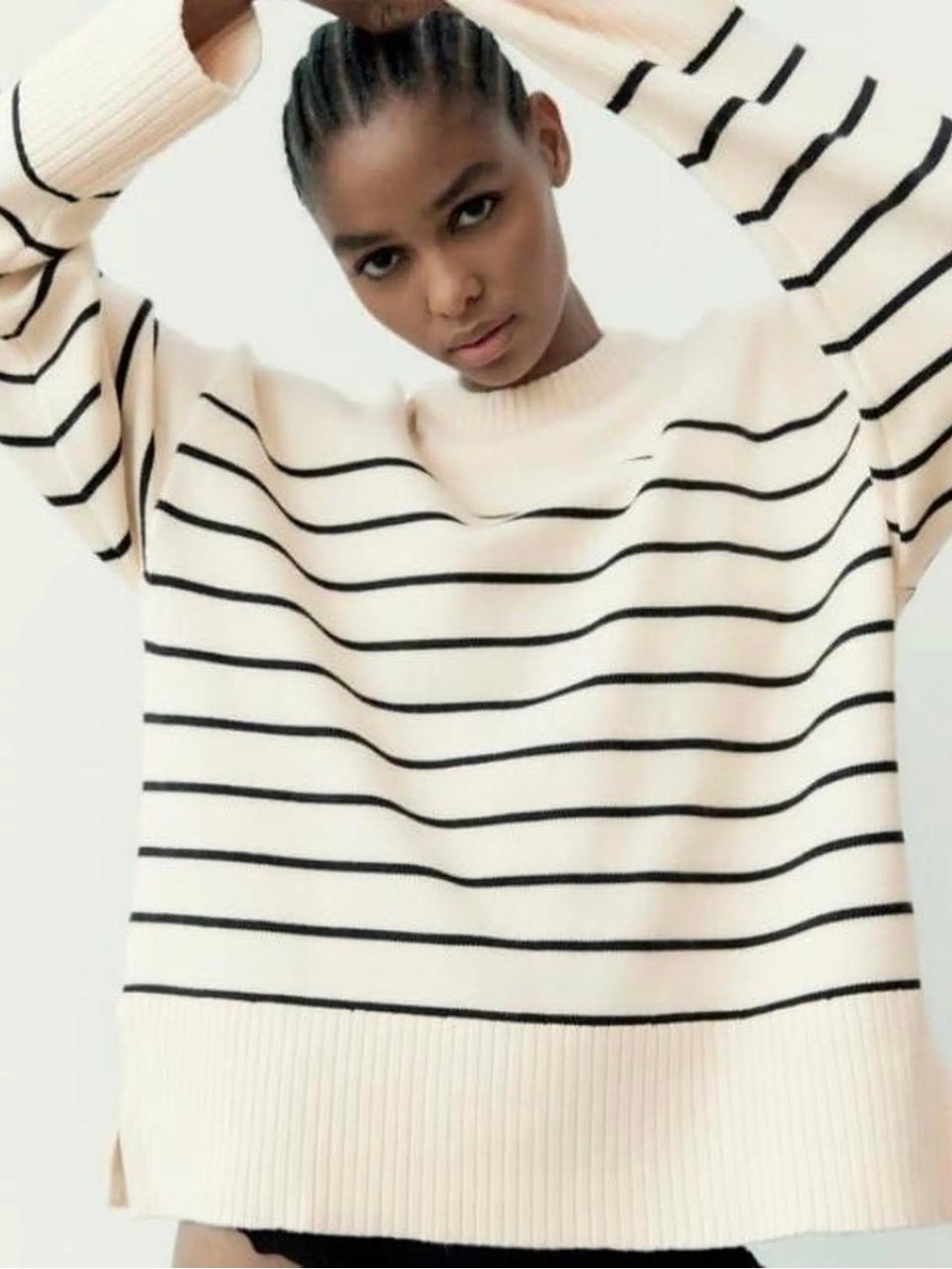 Zara Cream Black Striped Relaxed Oversized Knit Sweater Small